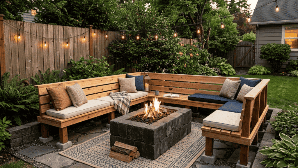 wood bench fire pit seating backyard string lights cozy corner outdoor living