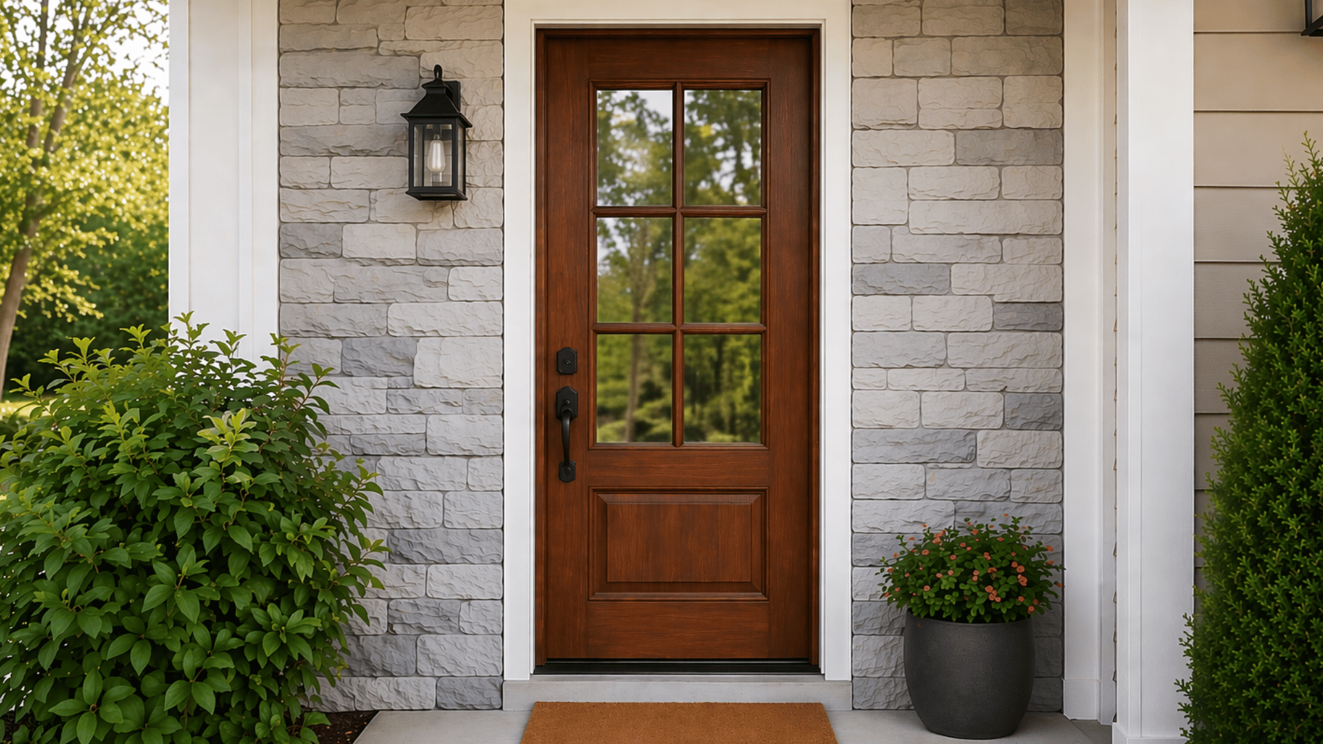 wood door with glass insert designed for custom fit residential openings