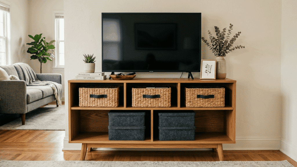 wooden TV stand with baskets and storage in a tidy and organized living space