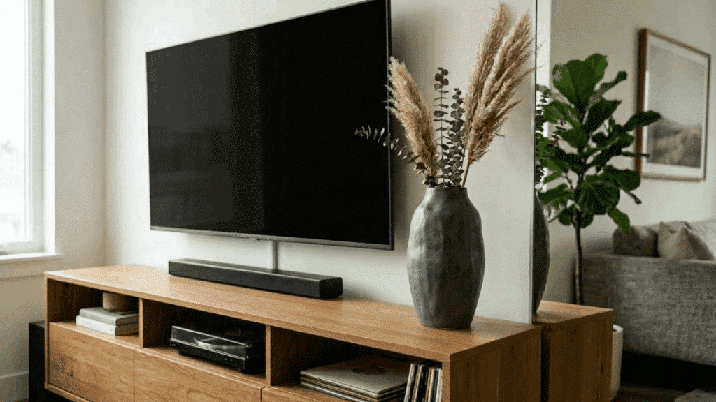 wooden TV stand with statement vase and pampas grass decor styling.