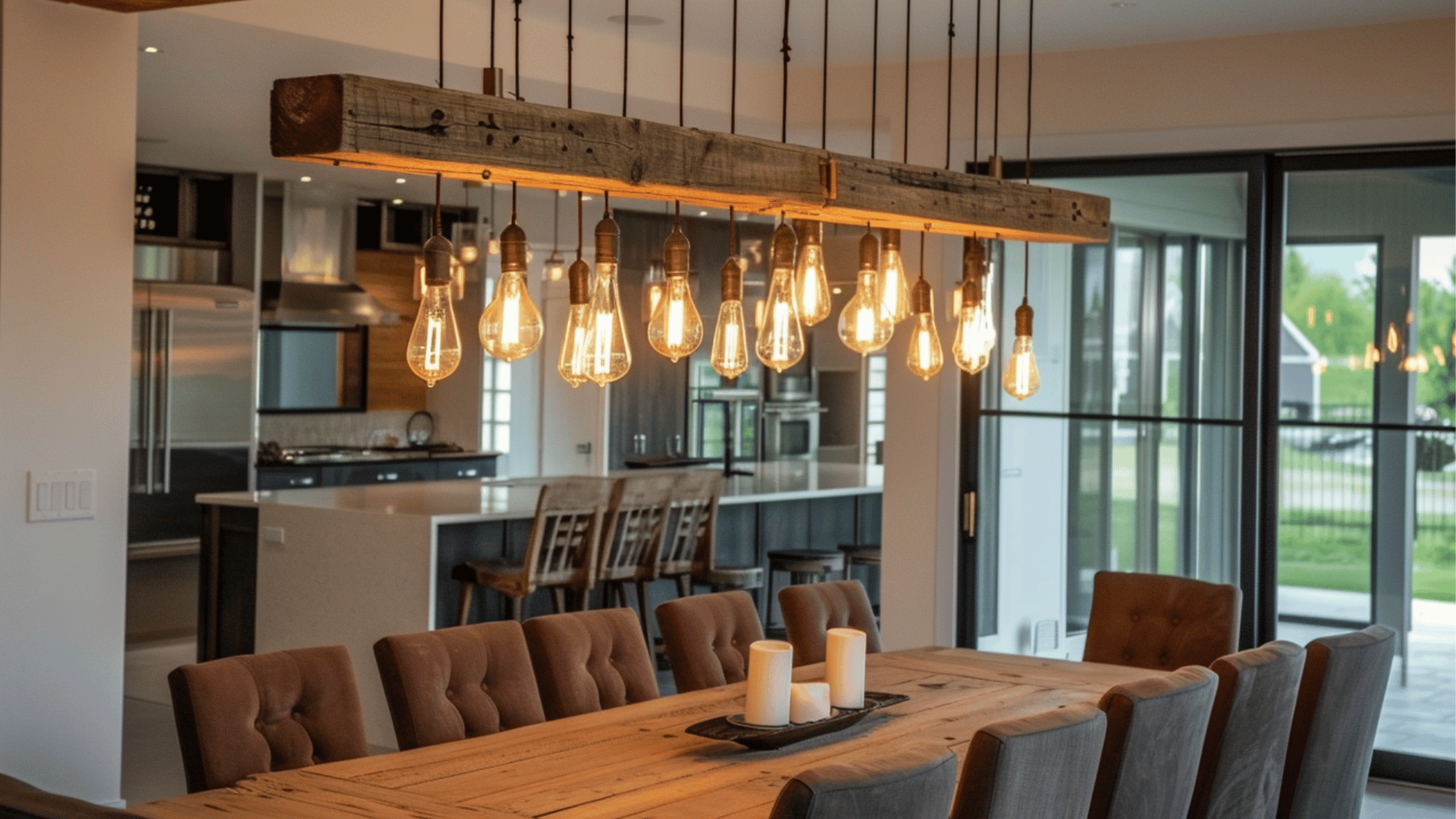 wooden beam light fixture with bulbs above dining table adding warmth to the space