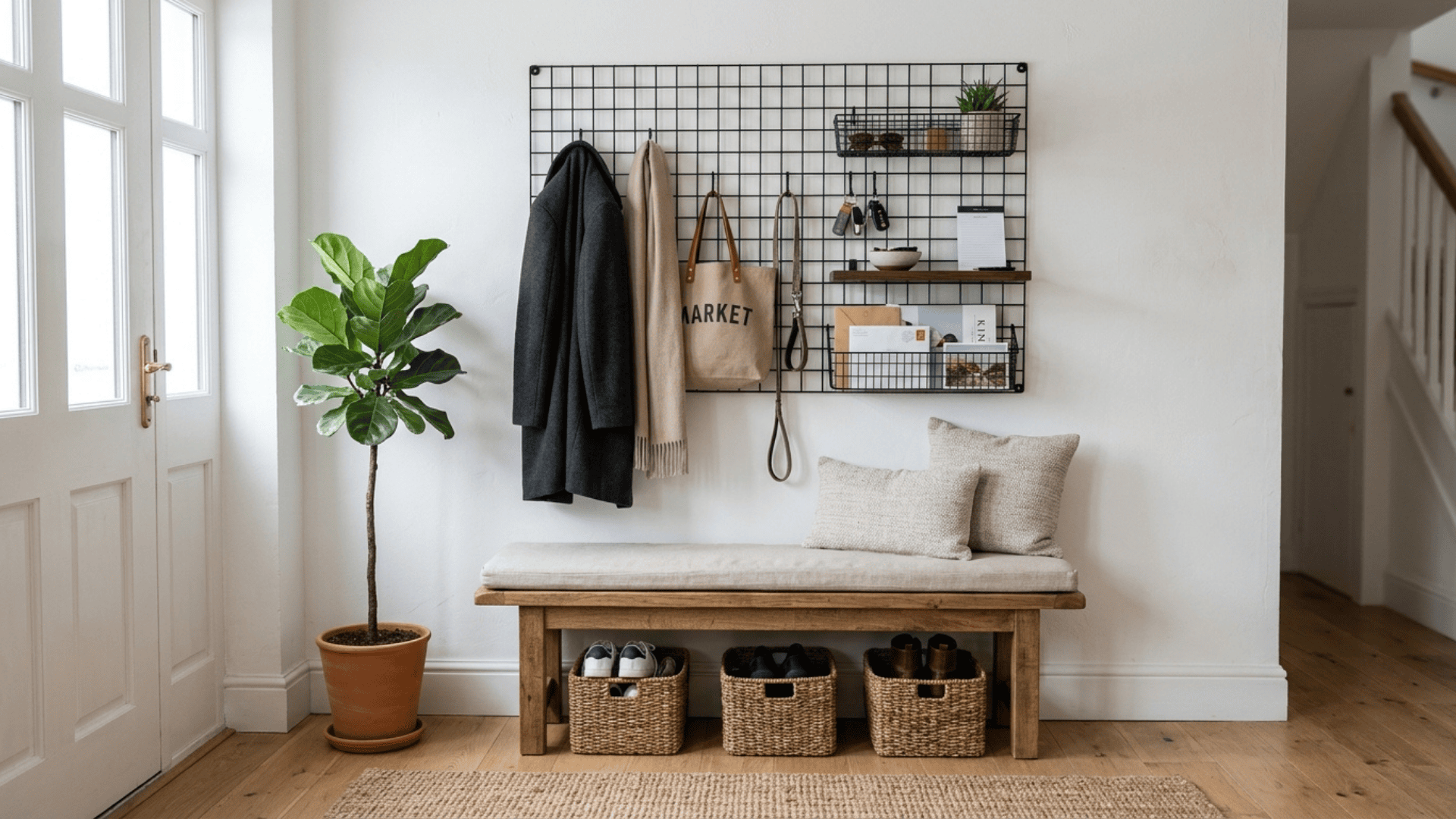 wooden bench below a black metal wall grid organizer with hooks hanging baskets and a small shelf holding keys and mail