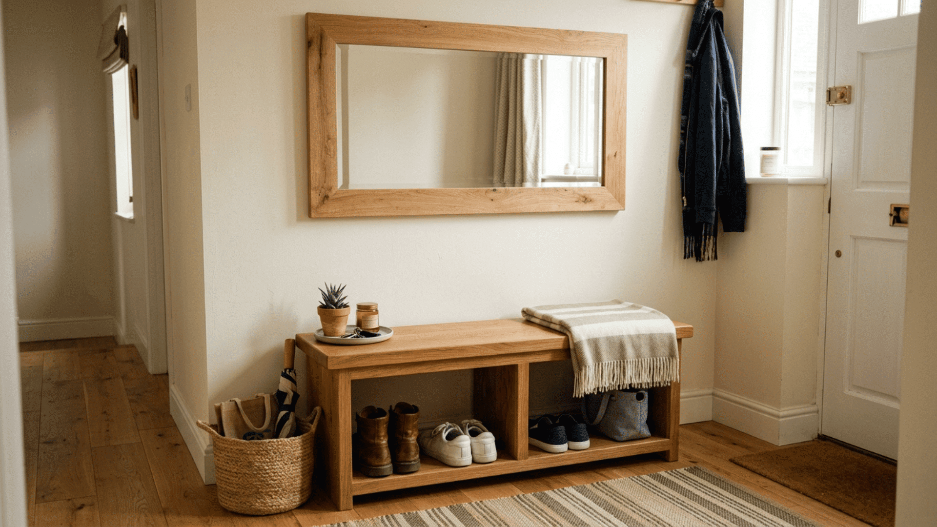 wooden bench below a large natural wood framed wall mirror with open storage cubbies holding shoes and a woven basket