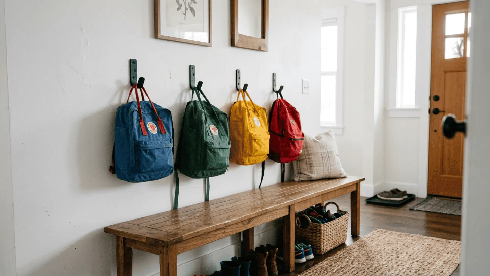 wooden bench below four low mounted black metal hooks each holding a different colored backpack at a child friendly height