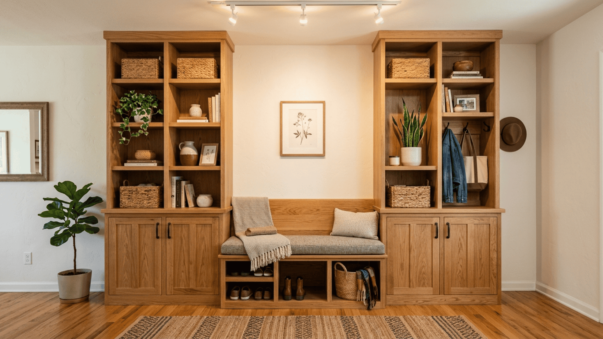 wooden bench centered between two floor to ceiling storage towers with open shelves and closed cabinets on each side