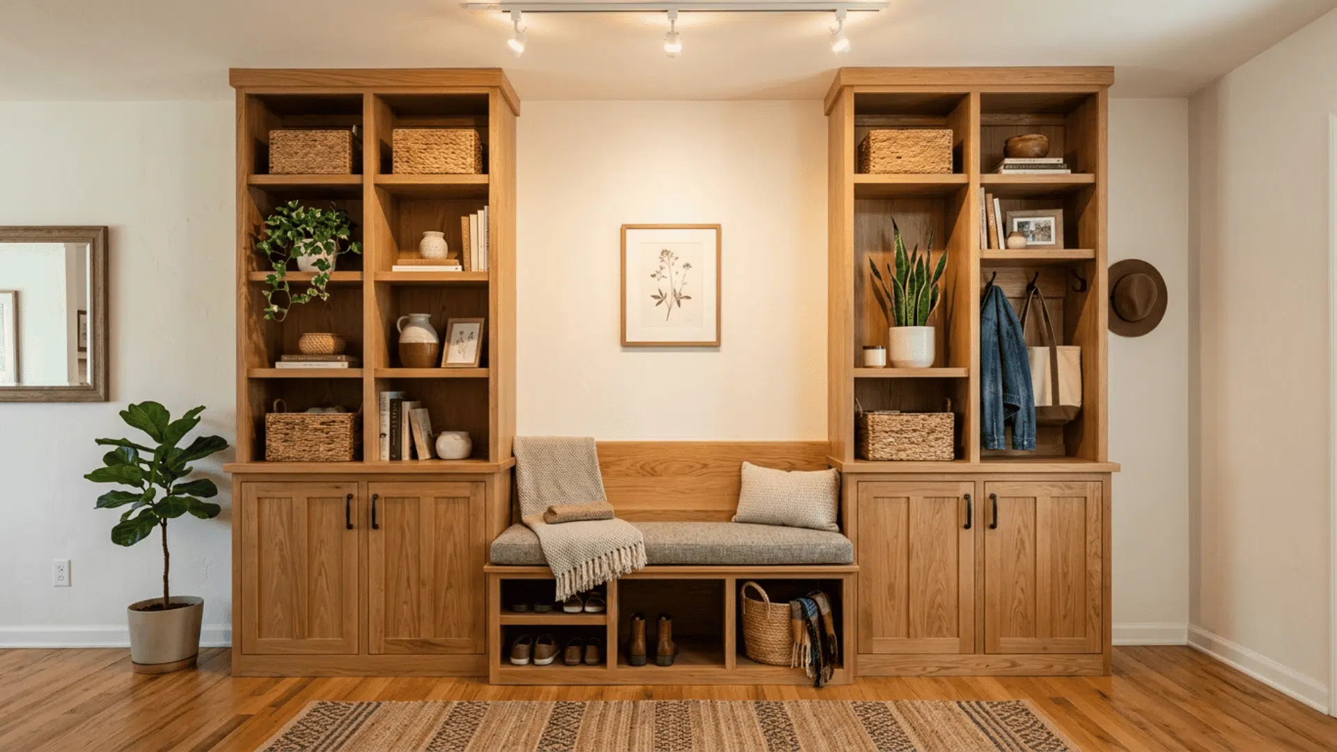 wooden bench centered between two floor to ceiling storage towers with open shelves and closed cabinets on each side