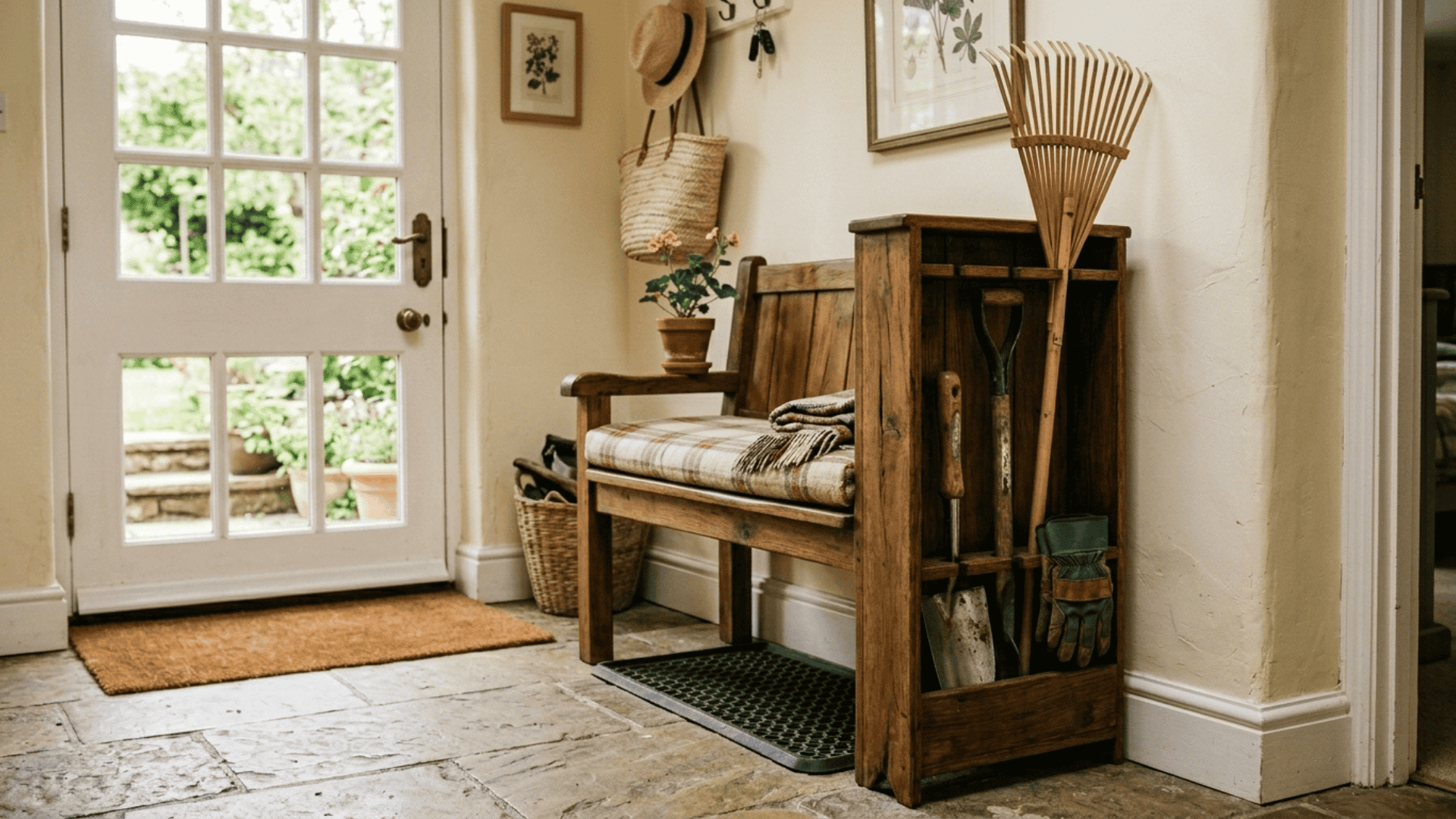 wooden bench near outdoor door with tall open side compartment holding garden tools vertically with rubber mat underneath