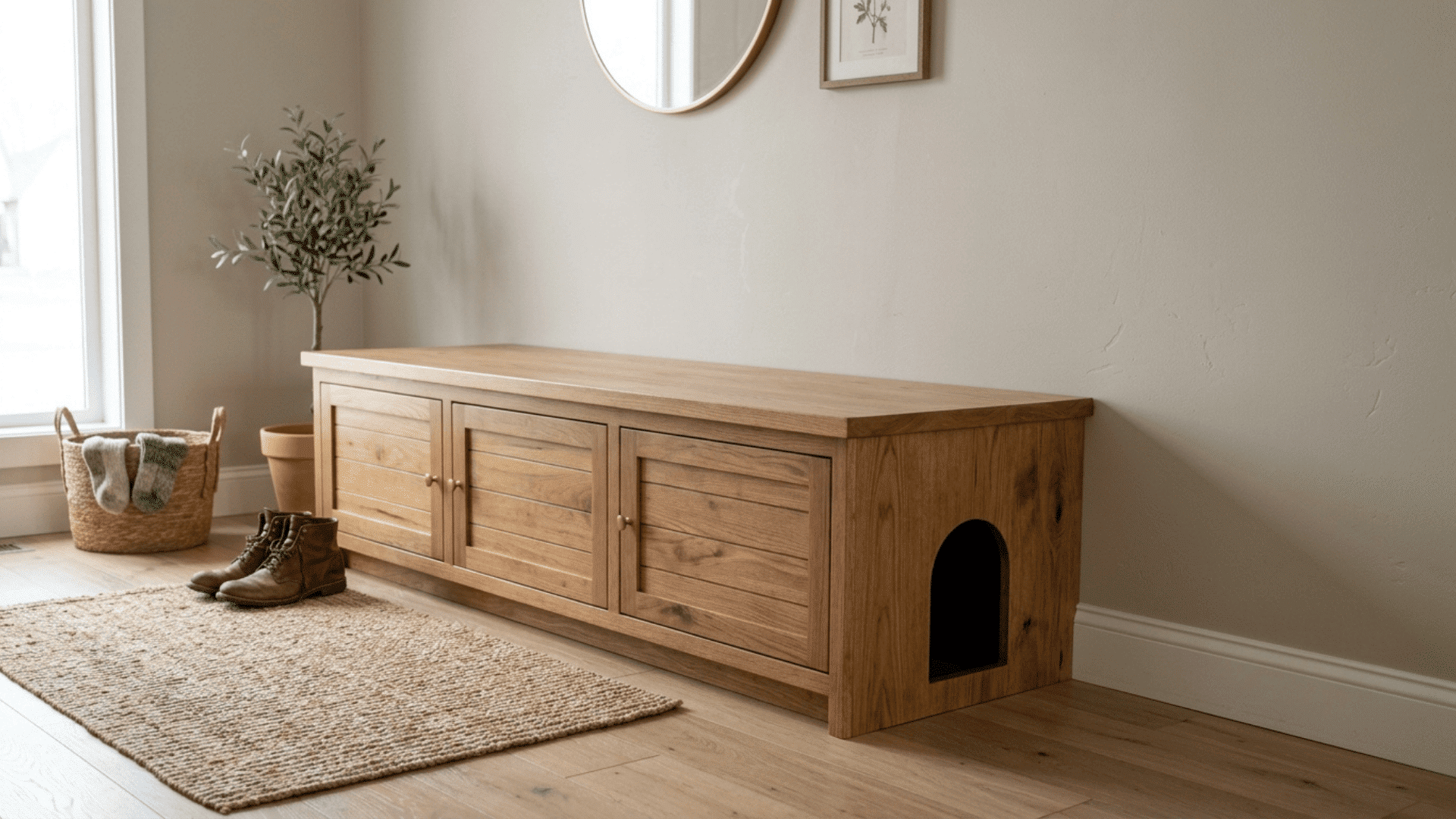 wooden bench unit with small arched opening cut into enclosed side panel hiding litter box with usable flat top above