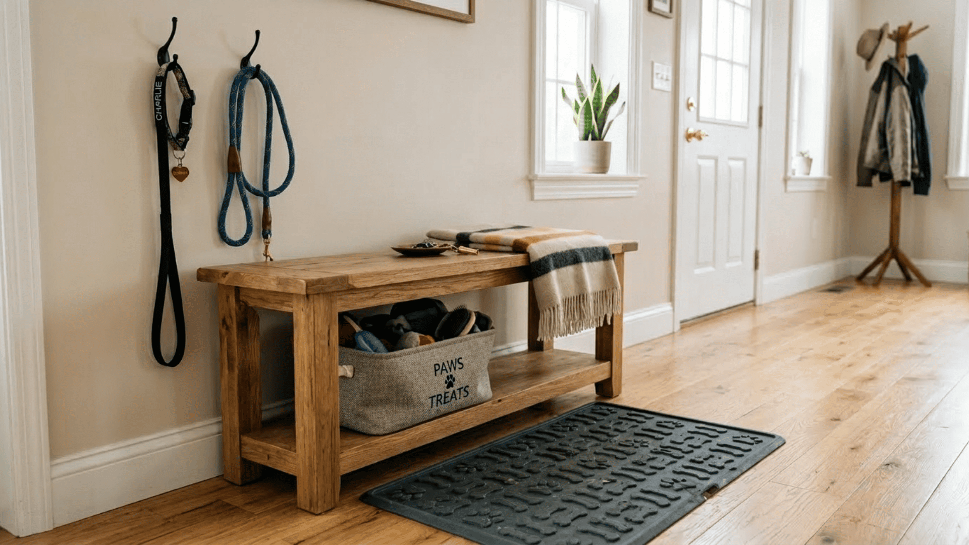 wooden bench with lower shelf holding pet accessory bin and leashes on wall hooks with rubber mat placed on floor in front