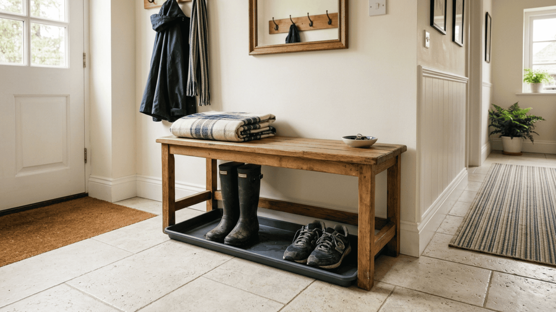 wooden bench with open lower frame and wide removable shoe tray underneath holding wet boots and sneakers on tile floor