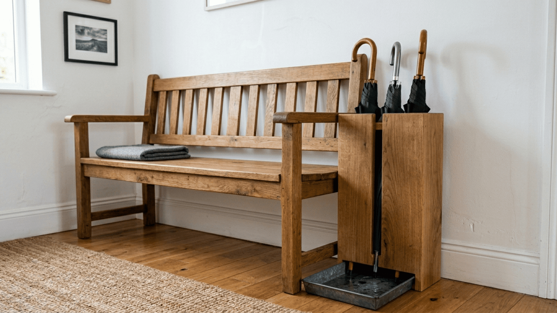 wooden bench with tall narrow vertical slot on one side holding three upright umbrellas with a shallow drip tray at base
