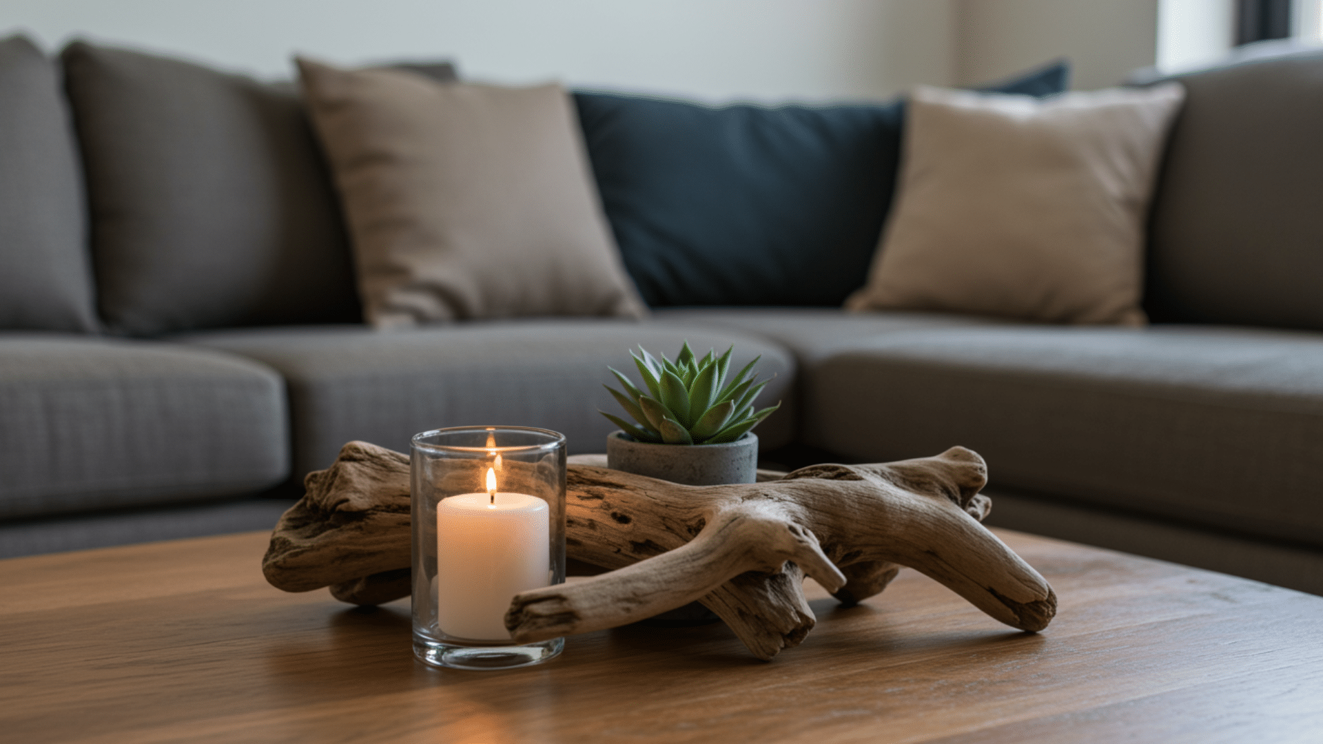 wooden coffee table with lit candle in glass holder and driftwood piece beside small green succulent in front of neutral sofa with cushions