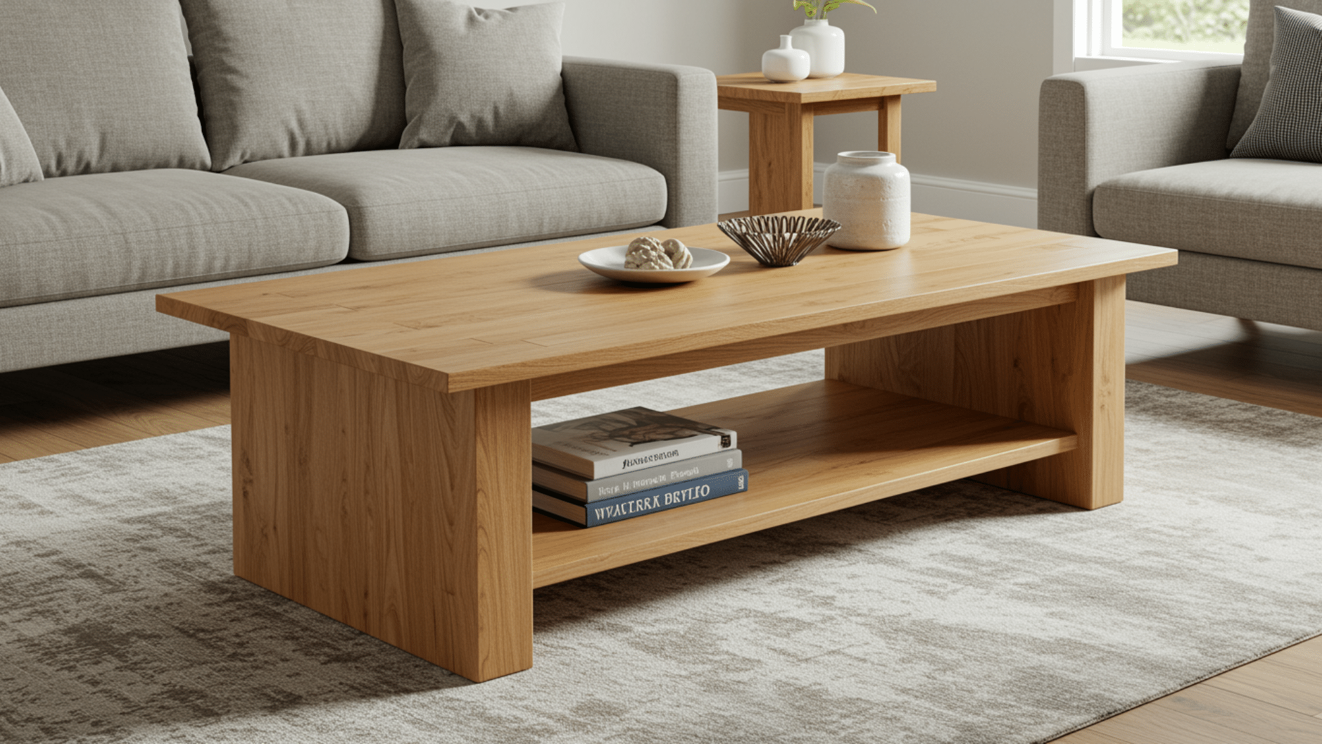 wooden coffee table with lower shelf holding books placed on rug beside beige sofa in clean modern living room interior