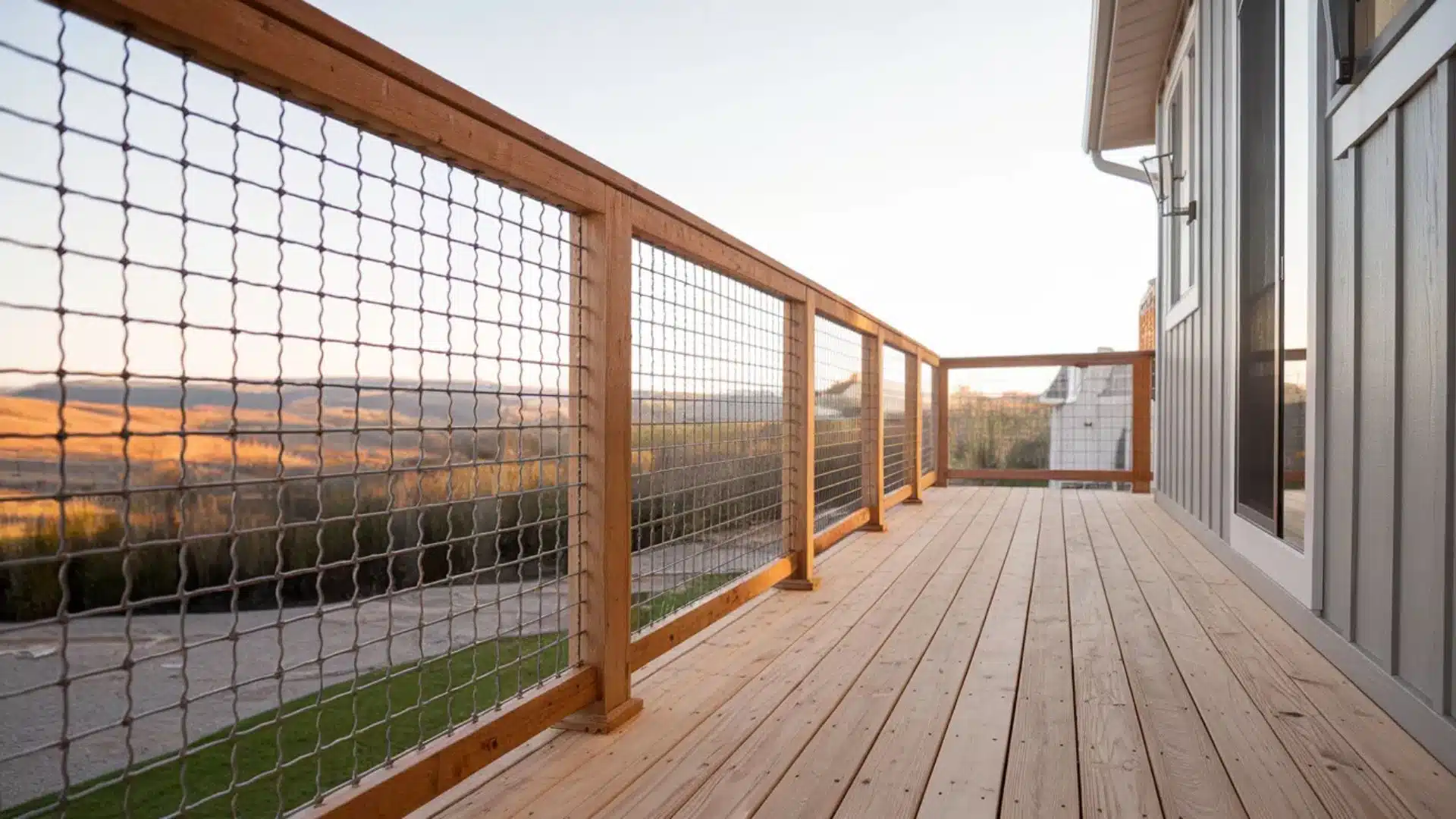 wooden deck with hog wire panel railing providing open views of the surrounding landscape