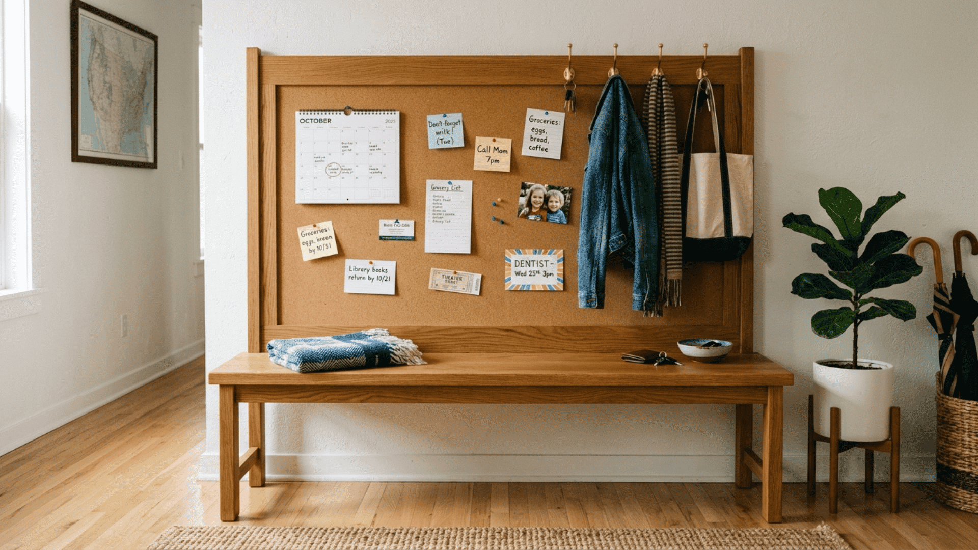wooden entryway bench with large natural corkboard back panel holding pinned notes calendar and reminder cards in a family entry space