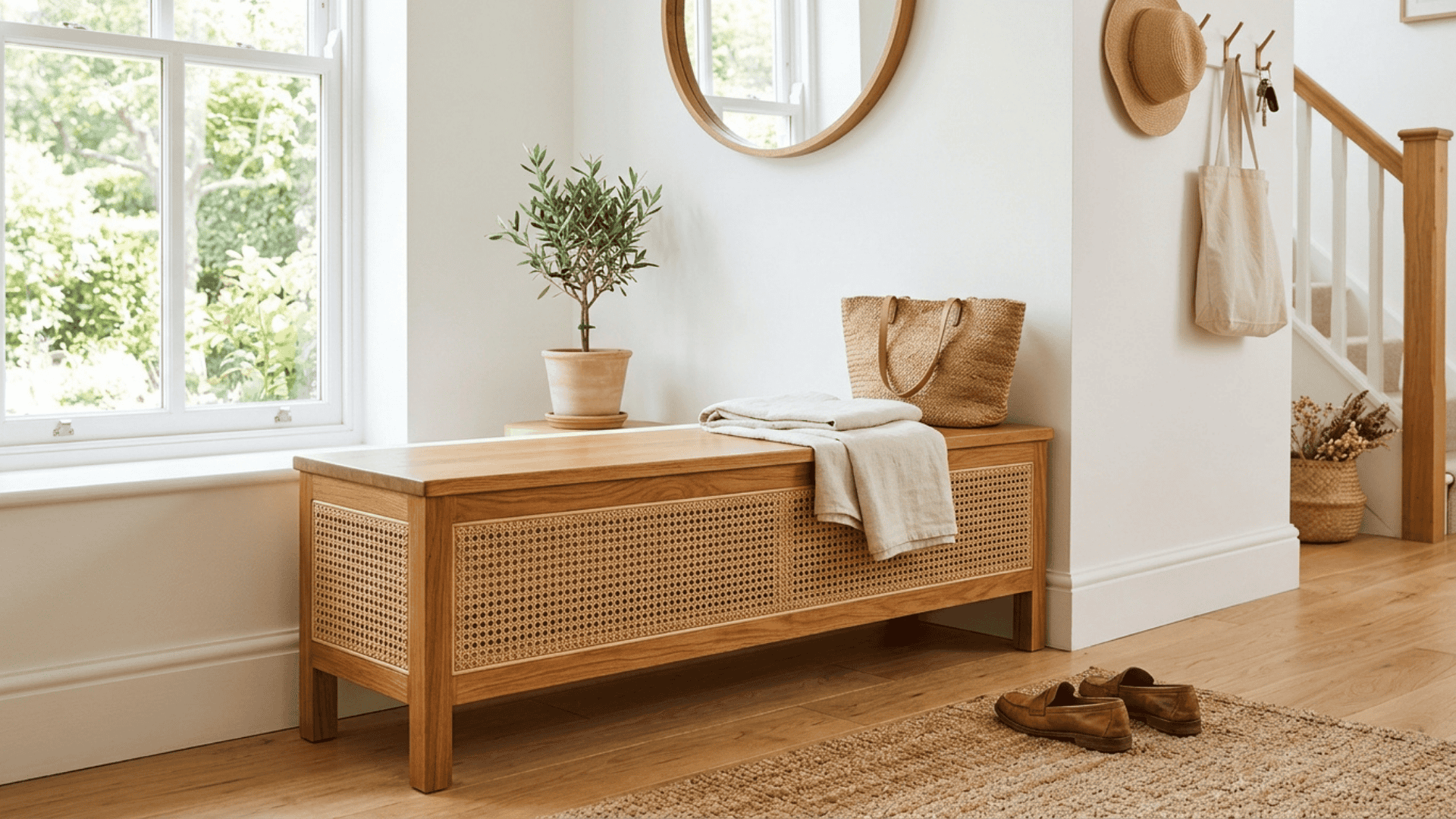 wooden entryway bench with natural woven cane front panel and smooth flat wooden seat on top in a bright entryway space