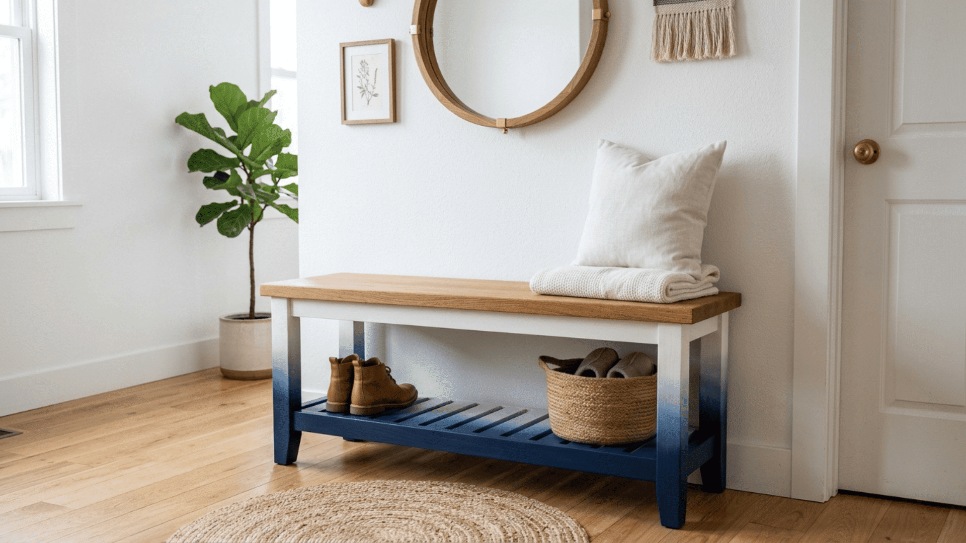 wooden entryway bench with navy blue to white ombre painted base and natural wood seat on top against a bright white wall