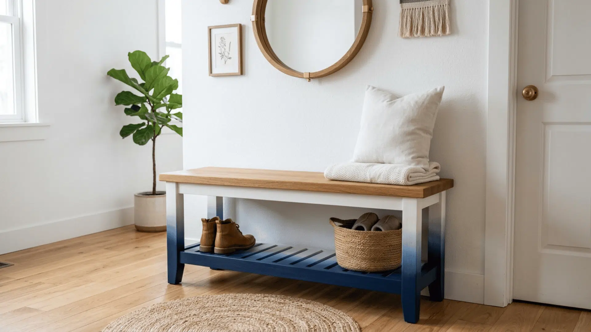 wooden entryway bench with navy blue to white ombre painted base and natural wood seat on top against a bright white wall