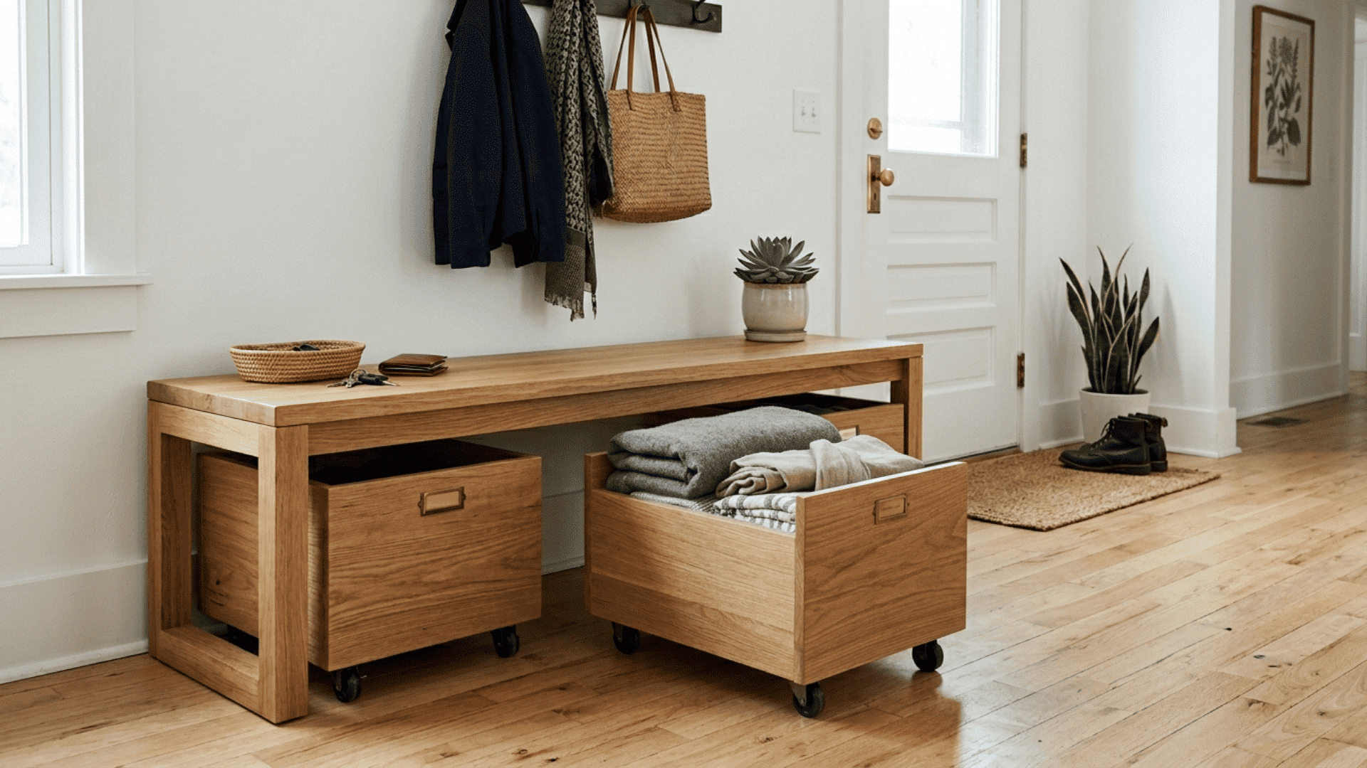 wooden entryway bench with open base above three rolling storage bins on wheels one pulled out showing folded items inside