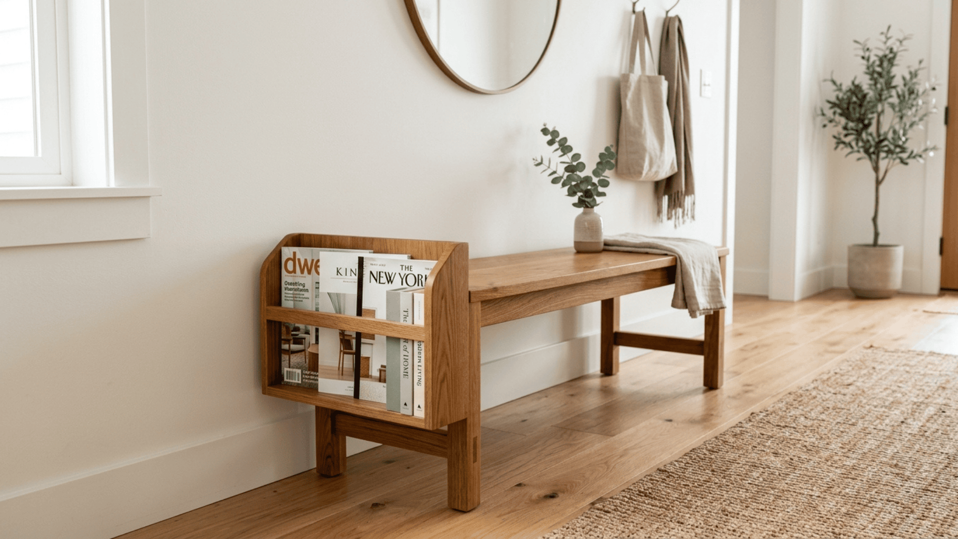 wooden entryway bench with slim open magazine and book rack mounted on one side holding upright magazines and books in a bright entry