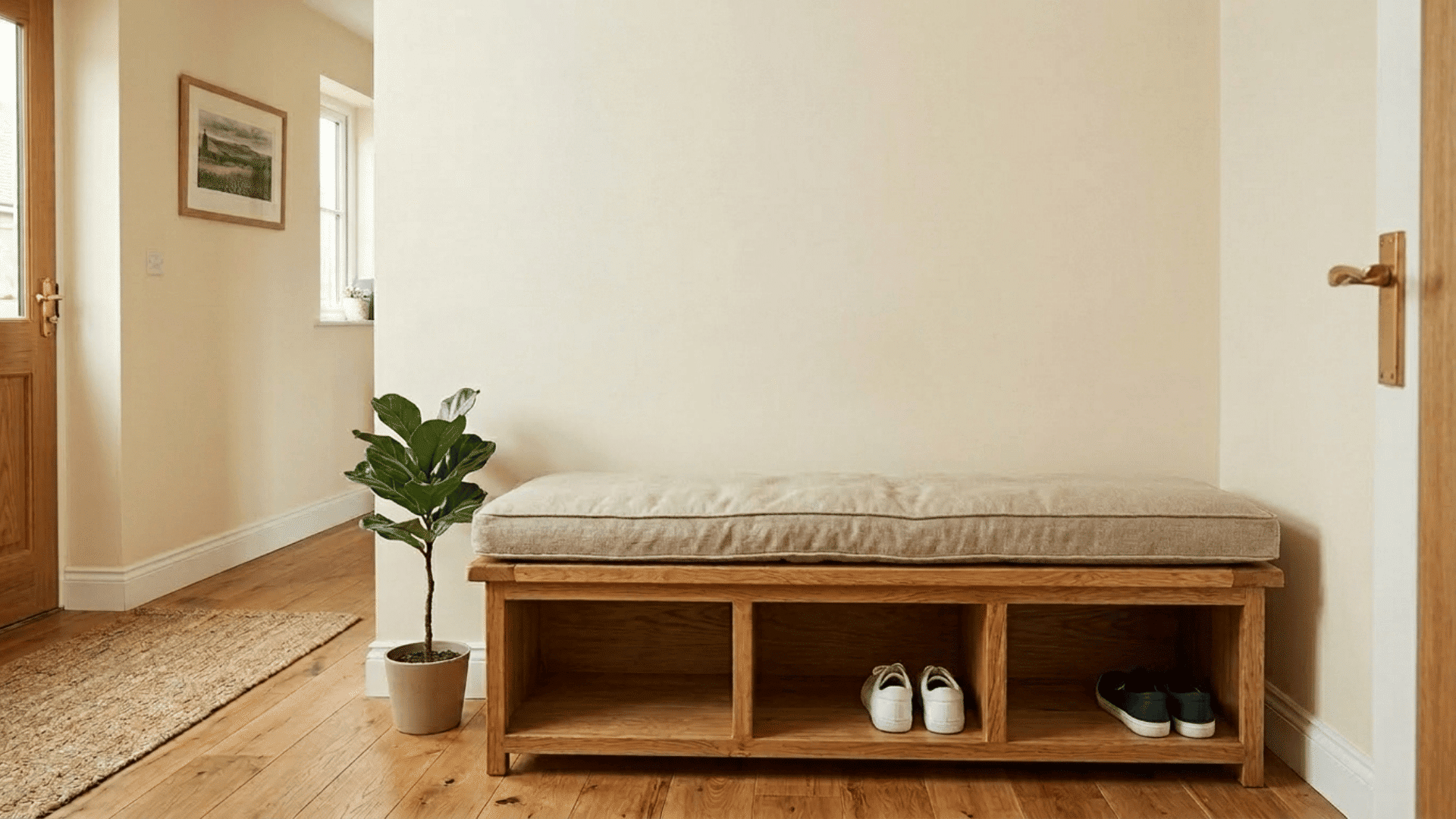 wooden entryway bench with thick waterproof beige cushion on top and storage cubbies below holding shoes against white wall