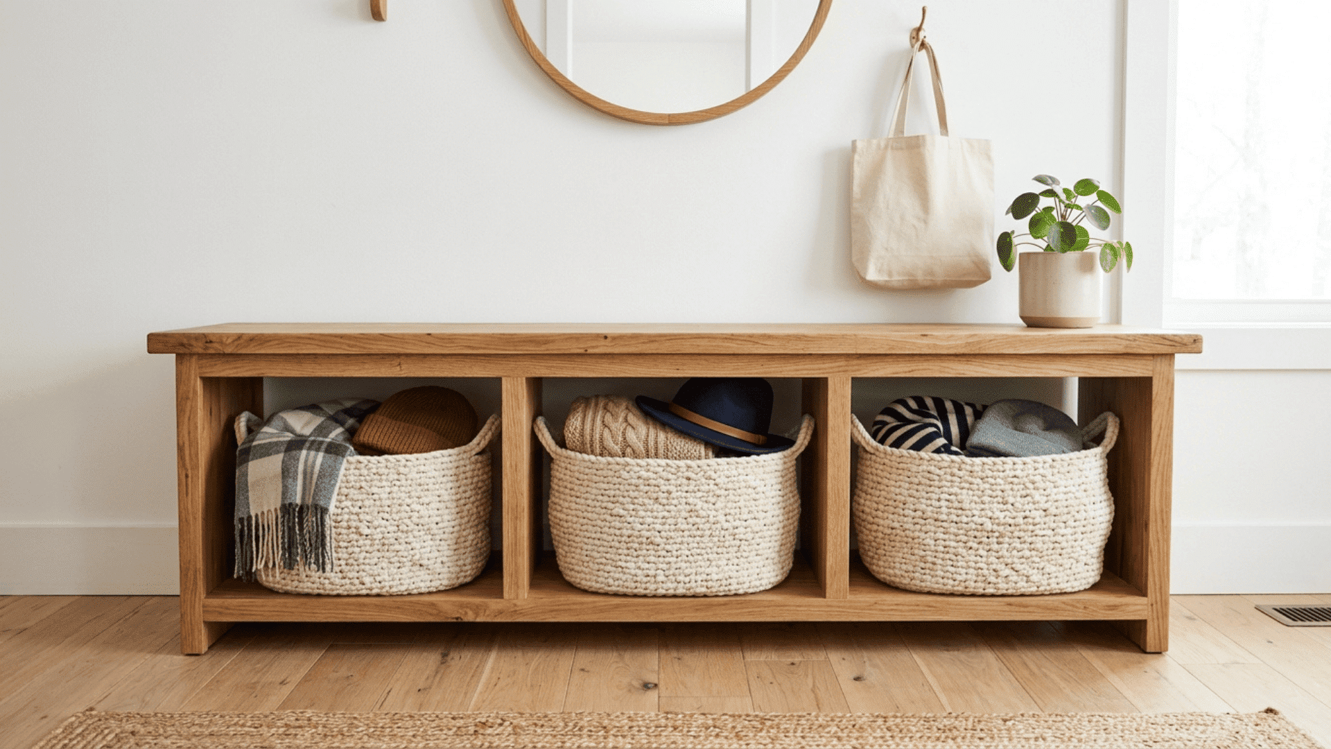 wooden entryway bench with three open compartments each holding a chunky woven rope basket filled with scarves and hats below seat