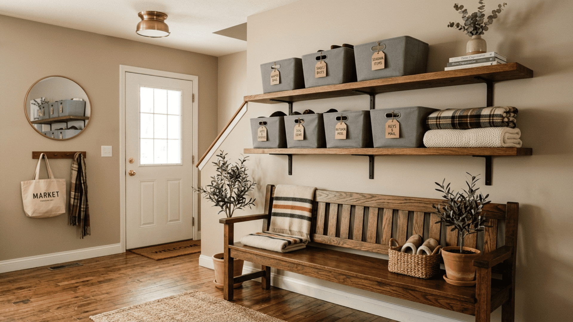 wooden entryway bench with two overhead open shelves holding labeled storage bins and folded items in a bright mudroom