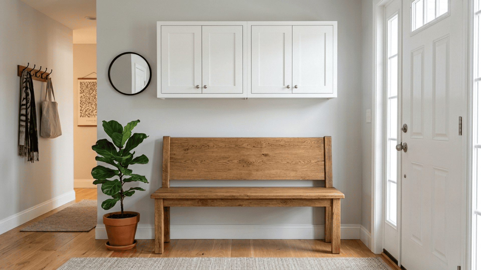 wooden entryway bench with two white upper wall mounted closed cabinets aligned directly above the seat in a clean entryway