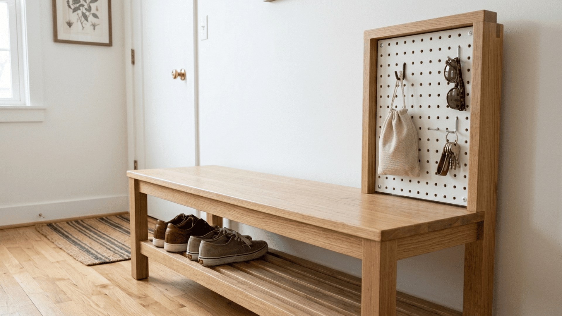 wooden entryway bench with white pegboard side panel holding small bags keys and sunglasses on metal pegs in a bright entryway