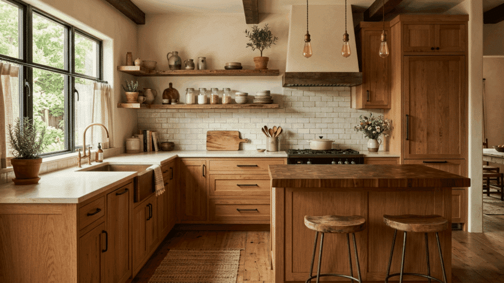 wooden finish modular kitchen with warm natural tones that work across modern and traditional styles