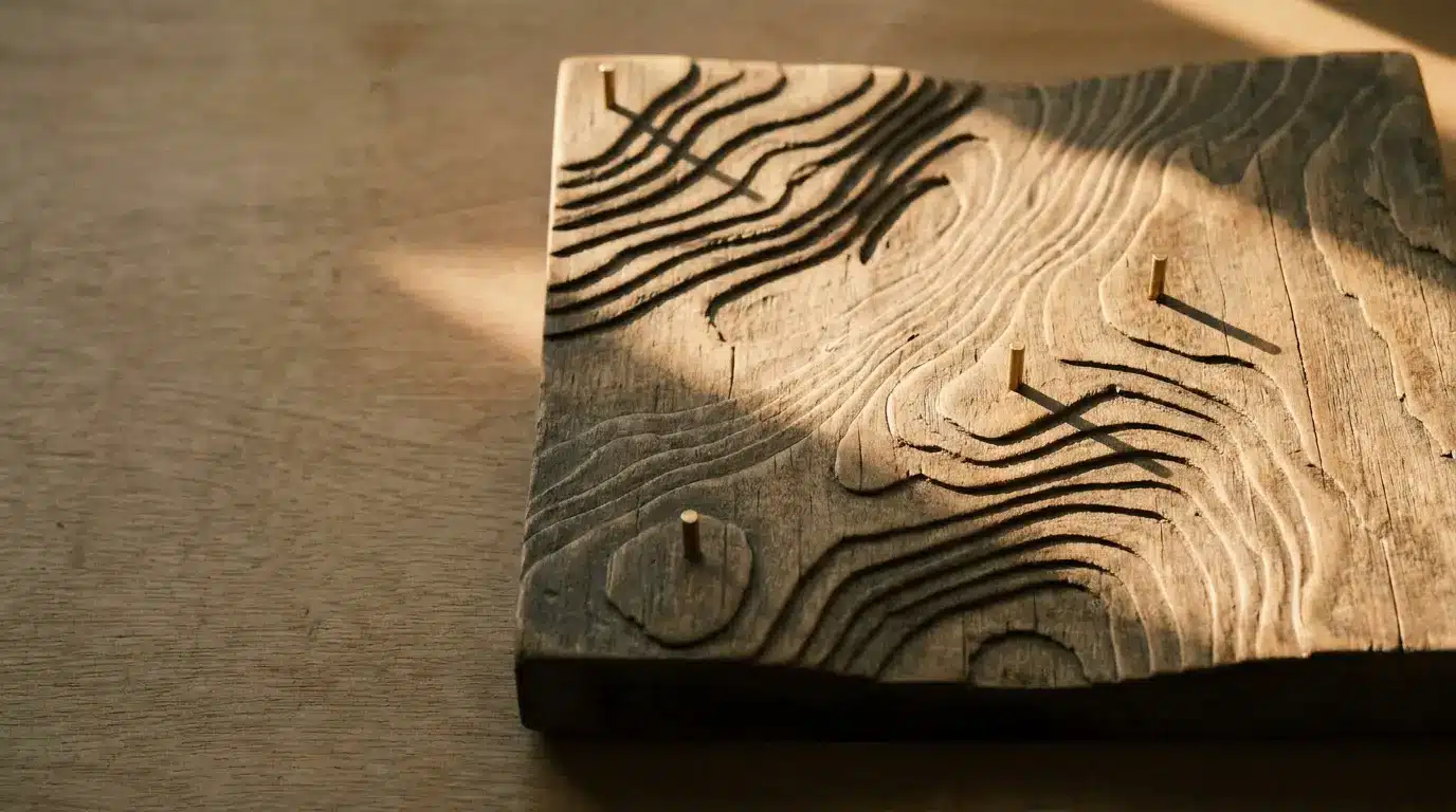 Wooden topographic map model on a table illuminated by warm sunlight