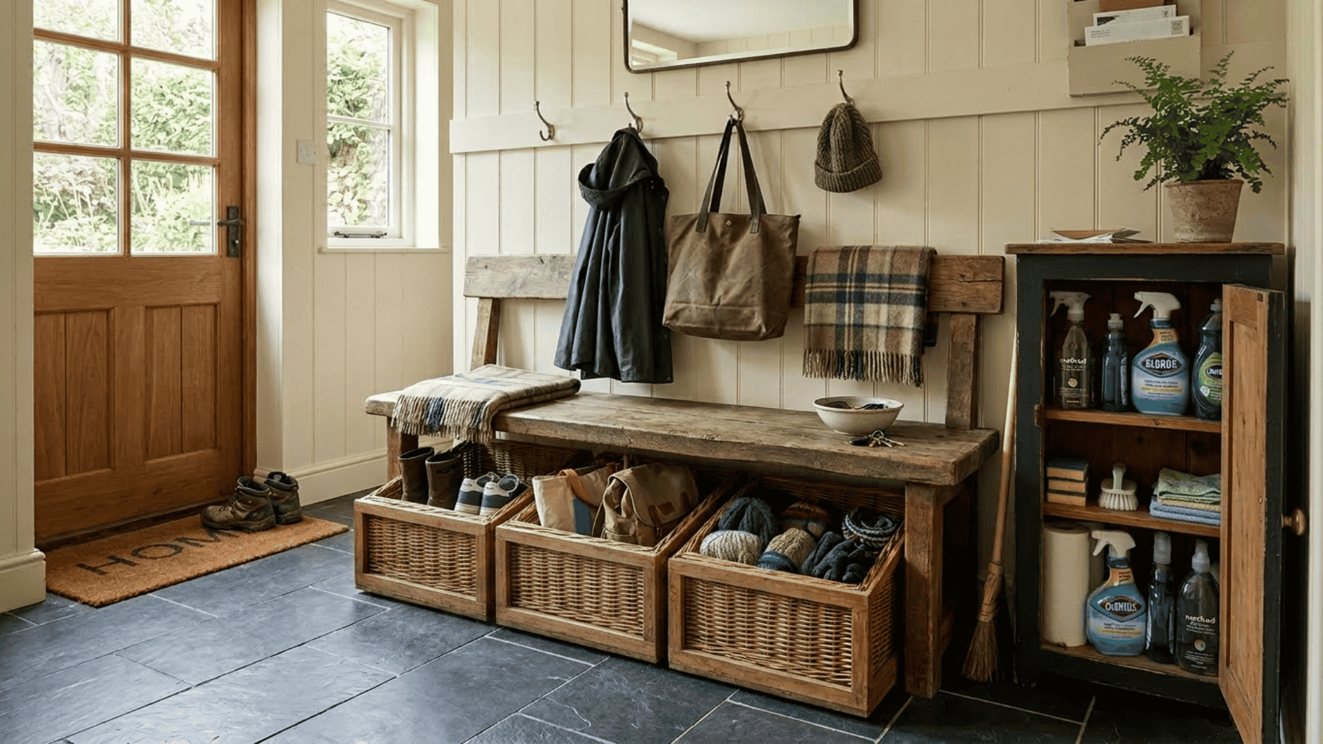 wooden mudroom bench with labeled laundry bins tucked beneath seat and small cabinet beside it holding cleaning supplies