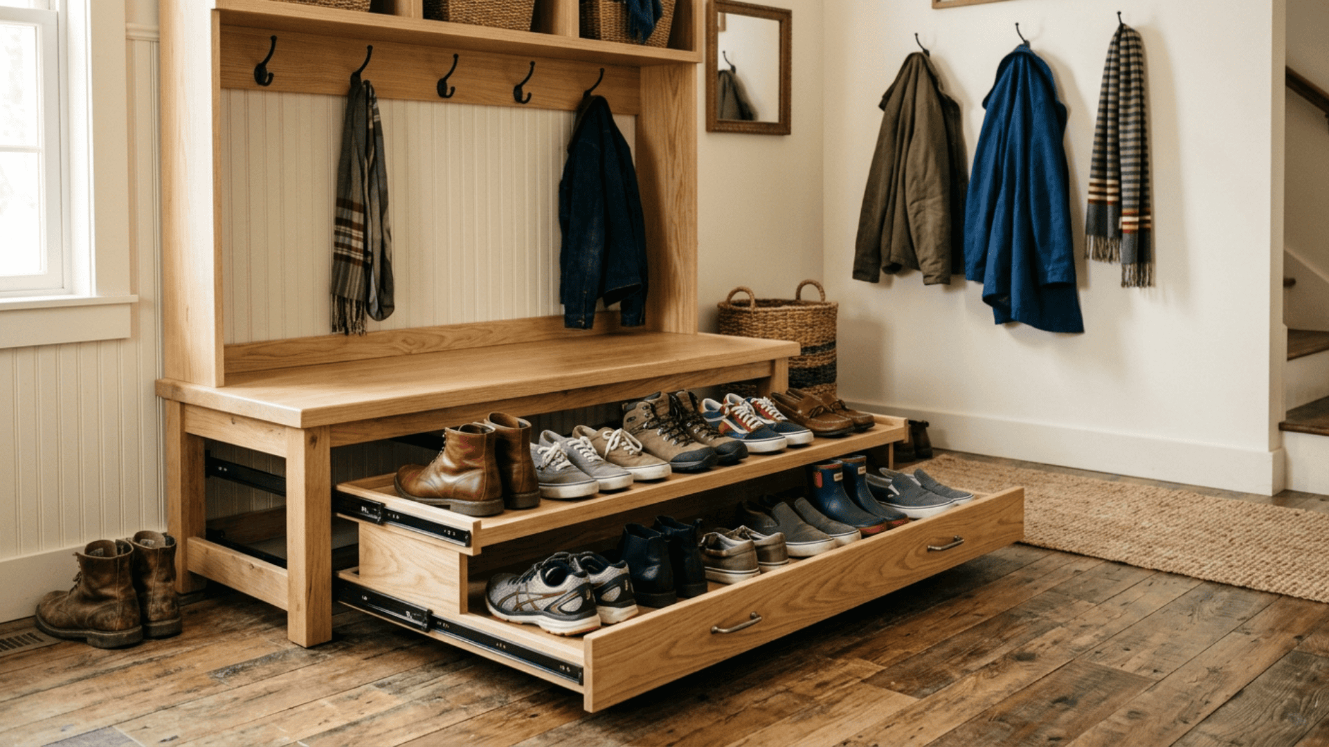 wooden mudroom bench with pull out shoe rack on metal tracks sliding out from beneath seat showing two levels of shoes