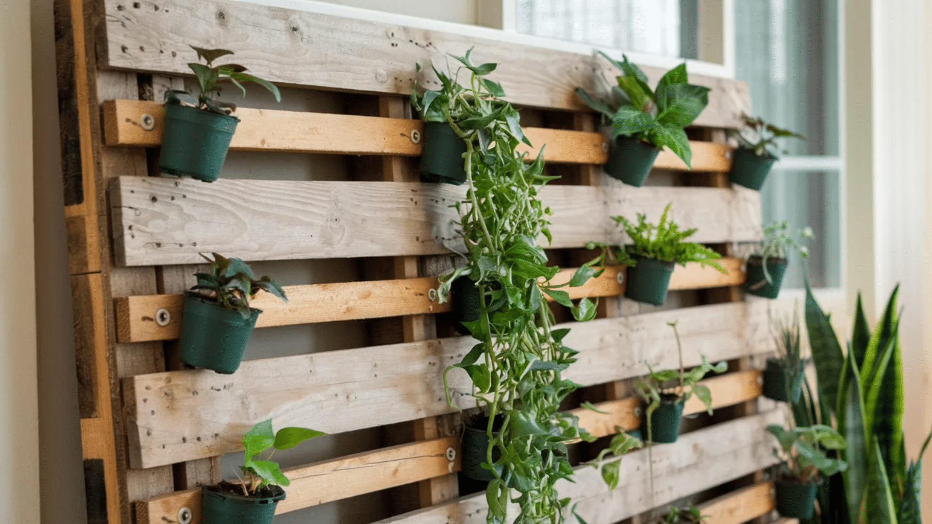 wooden pallet mounted on wall holding small green potted plants arranged vertically creating a decorative indoor garden near window