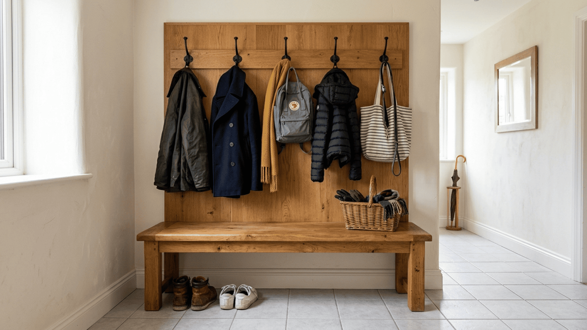 wooden panel back bench with evenly spaced black metal hooks holding coats and bags in a clean entryway space