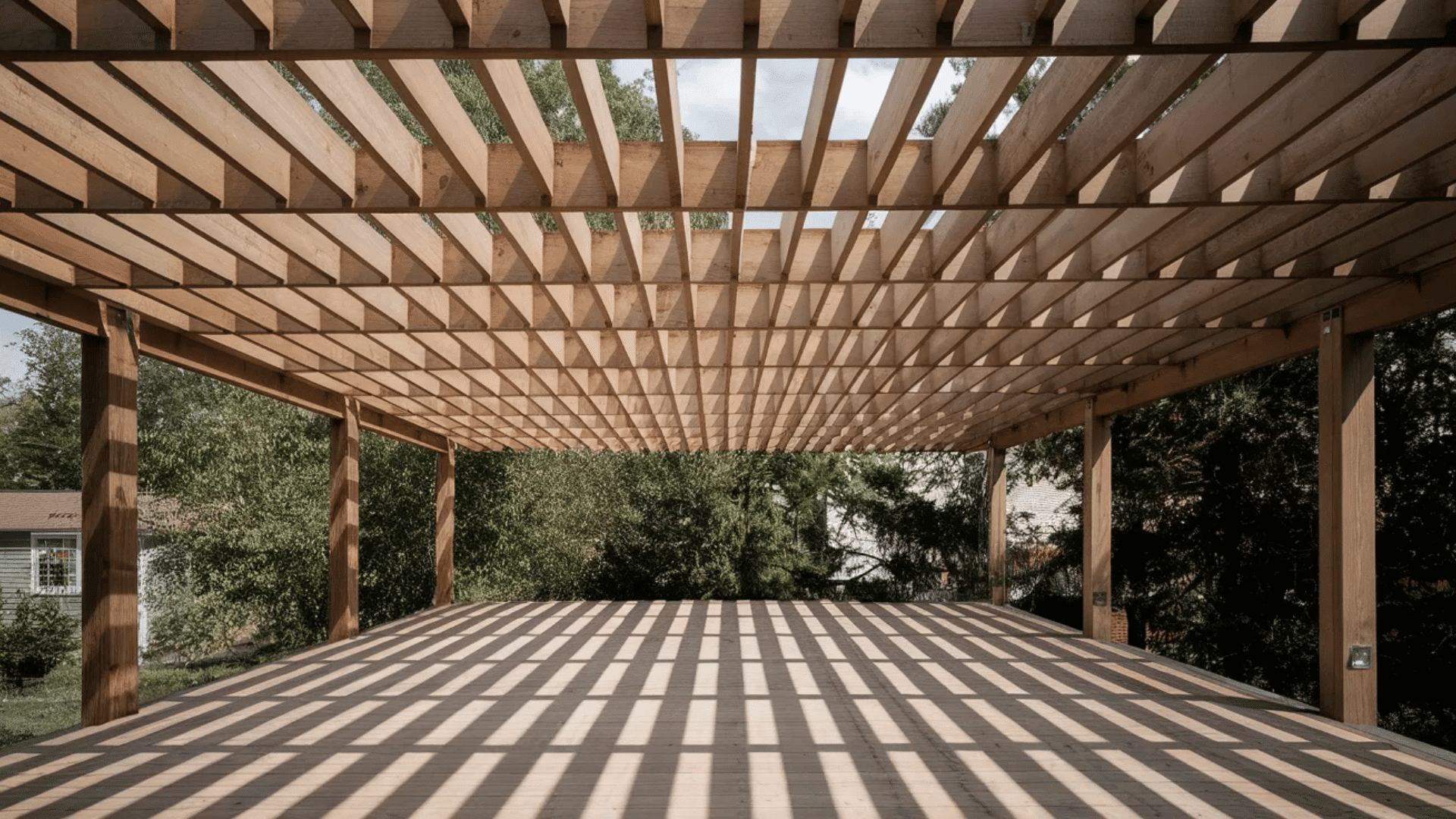 wooden pergola structure with evenly spaced beams casting striped shadows across a large outdoor deck surrounded by trees and houses
