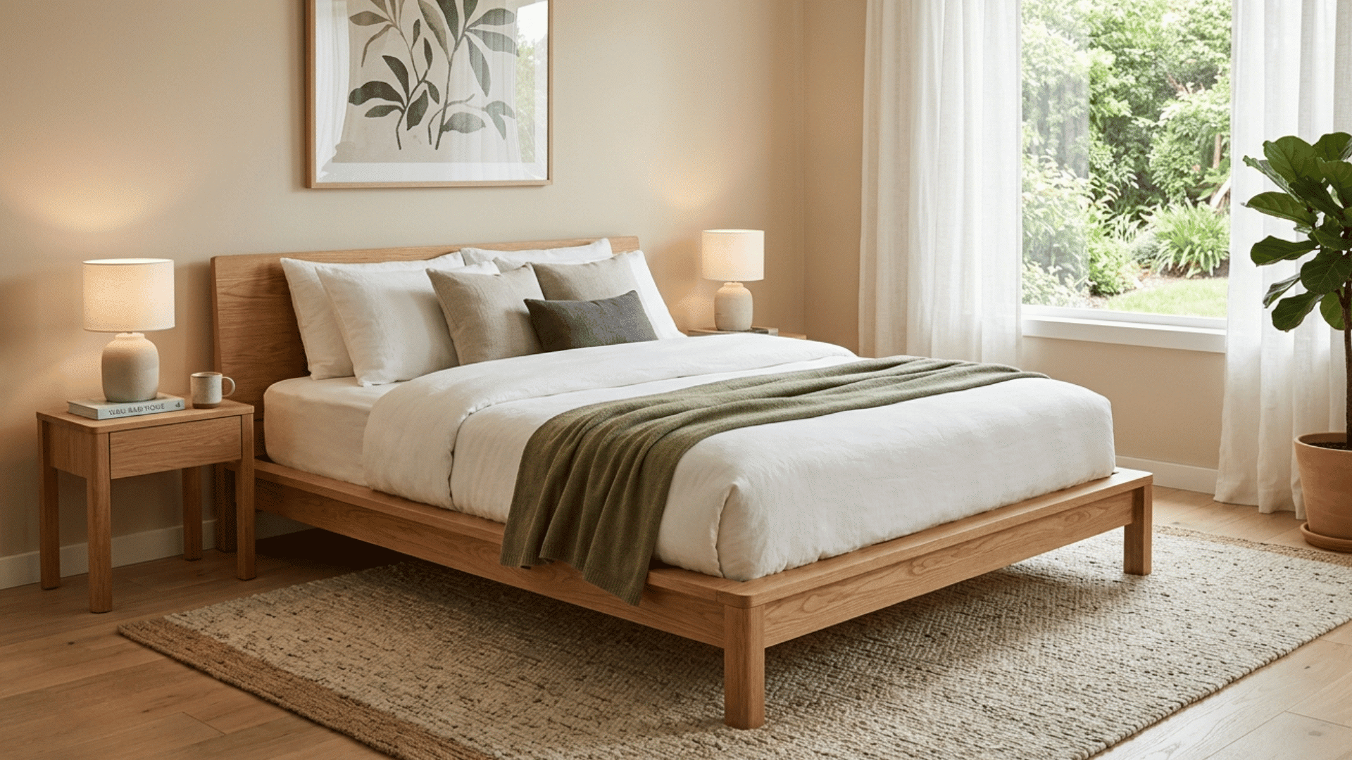 wooden platform bed with white bedding in a bright, minimal bedroom with plants and natural light.