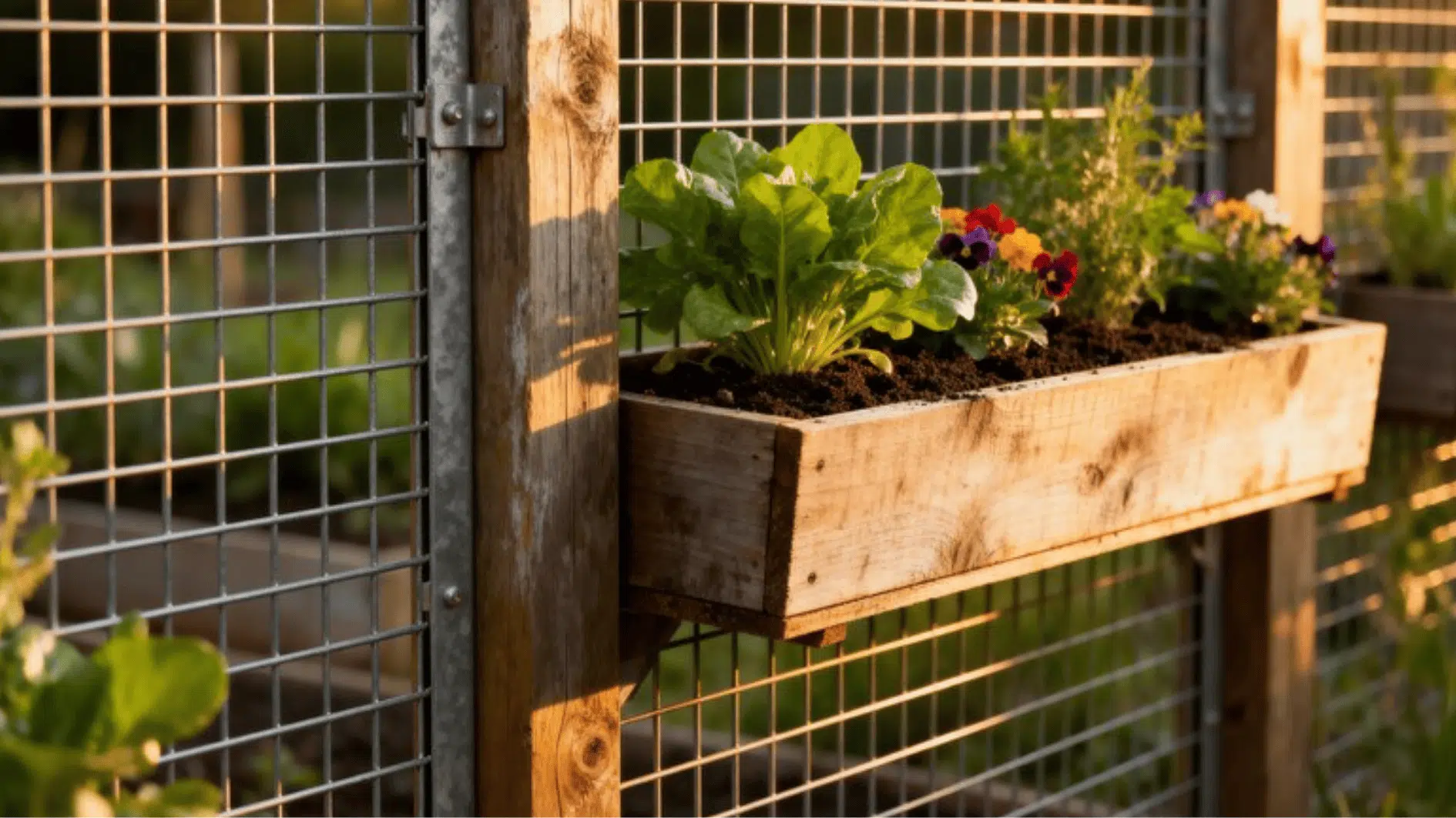 wooden raised garden bed attached to wire fence with leafy plants and flowers, outdoor vertical gardening setup in sunlight