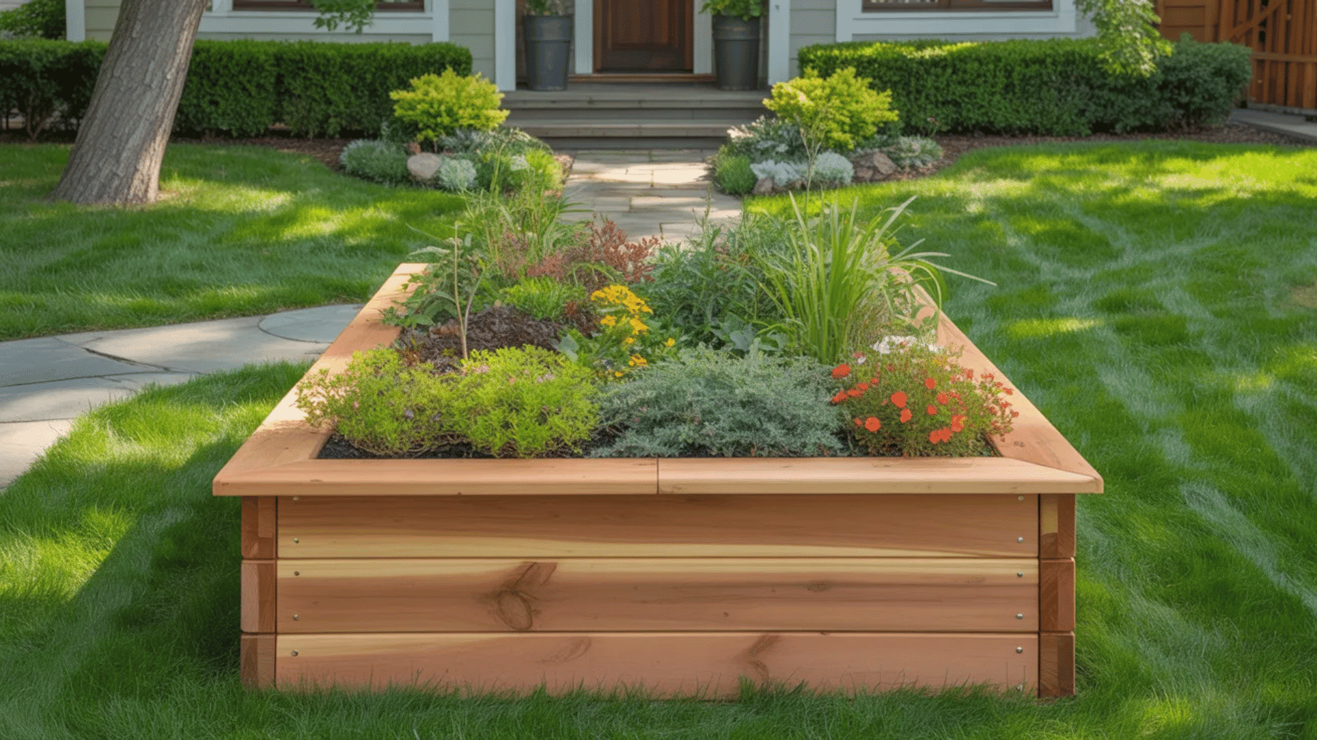 wooden raised garden bed filled with herbs and flowers placed neatly in a backyard lawn near a home entrance