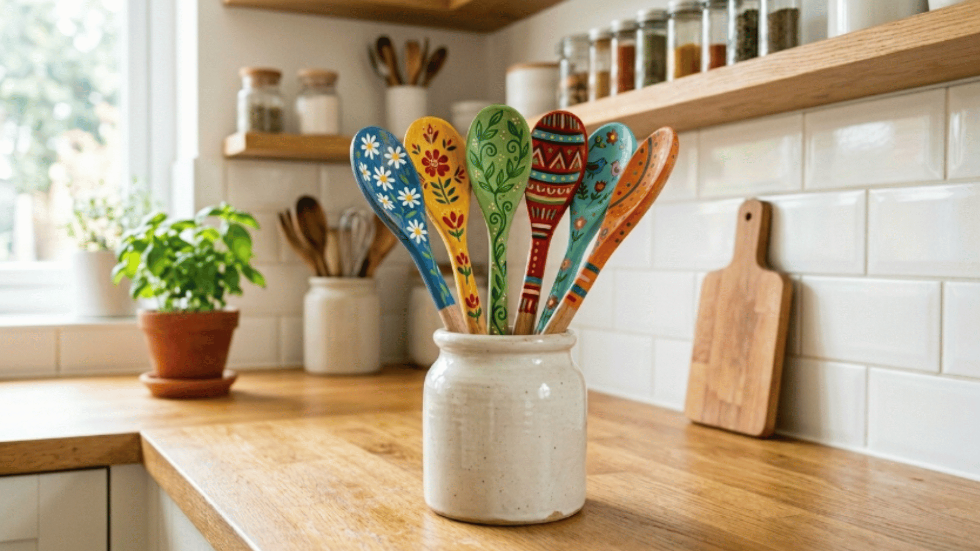 wooden spoons with painted handles displayed in jar on kitchen counter with warm natural lighting (1)