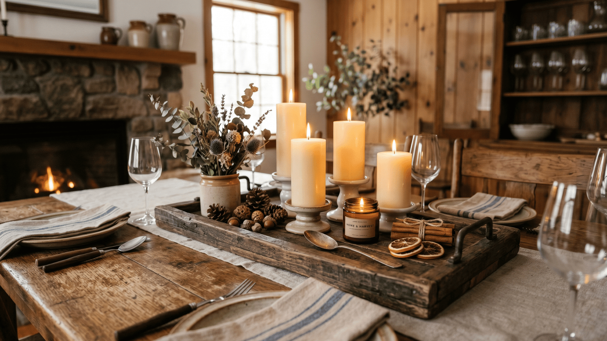 wooden tray with candles and small decor items on dining table, rustic style