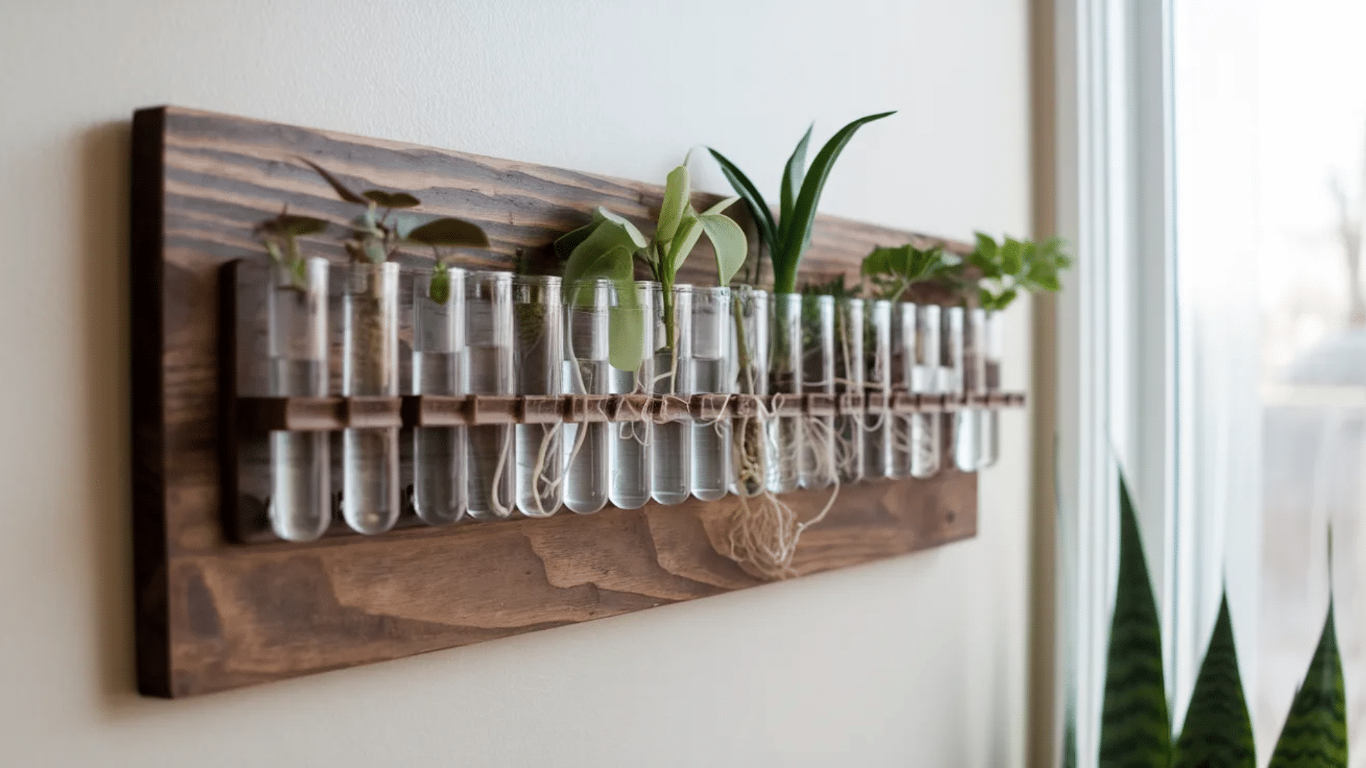 wooden wall-mounted holder with test tubes containing water and small plants, including vines and succulents, creating a unique and stylish plant display.