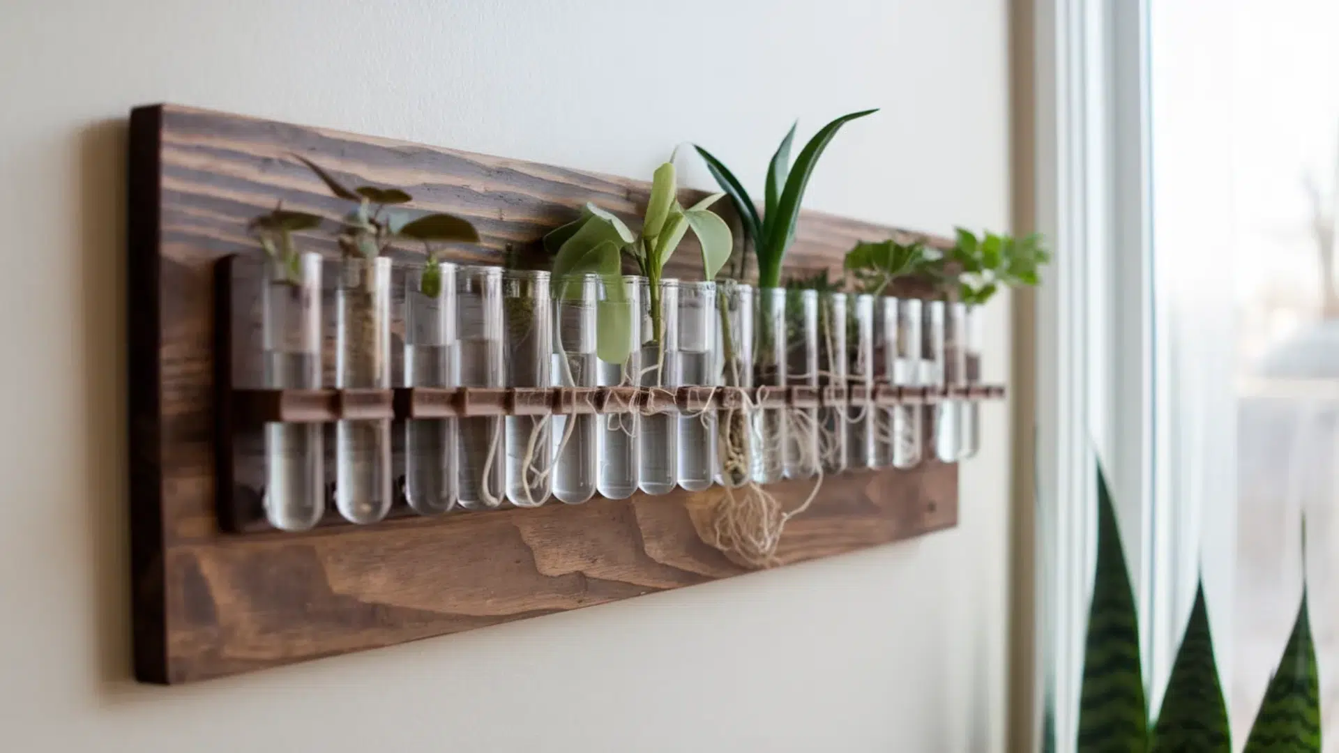 wooden wall-mounted holder with test tubes containing water and small plants, including vines and succulents, creating a unique and stylish plant display.