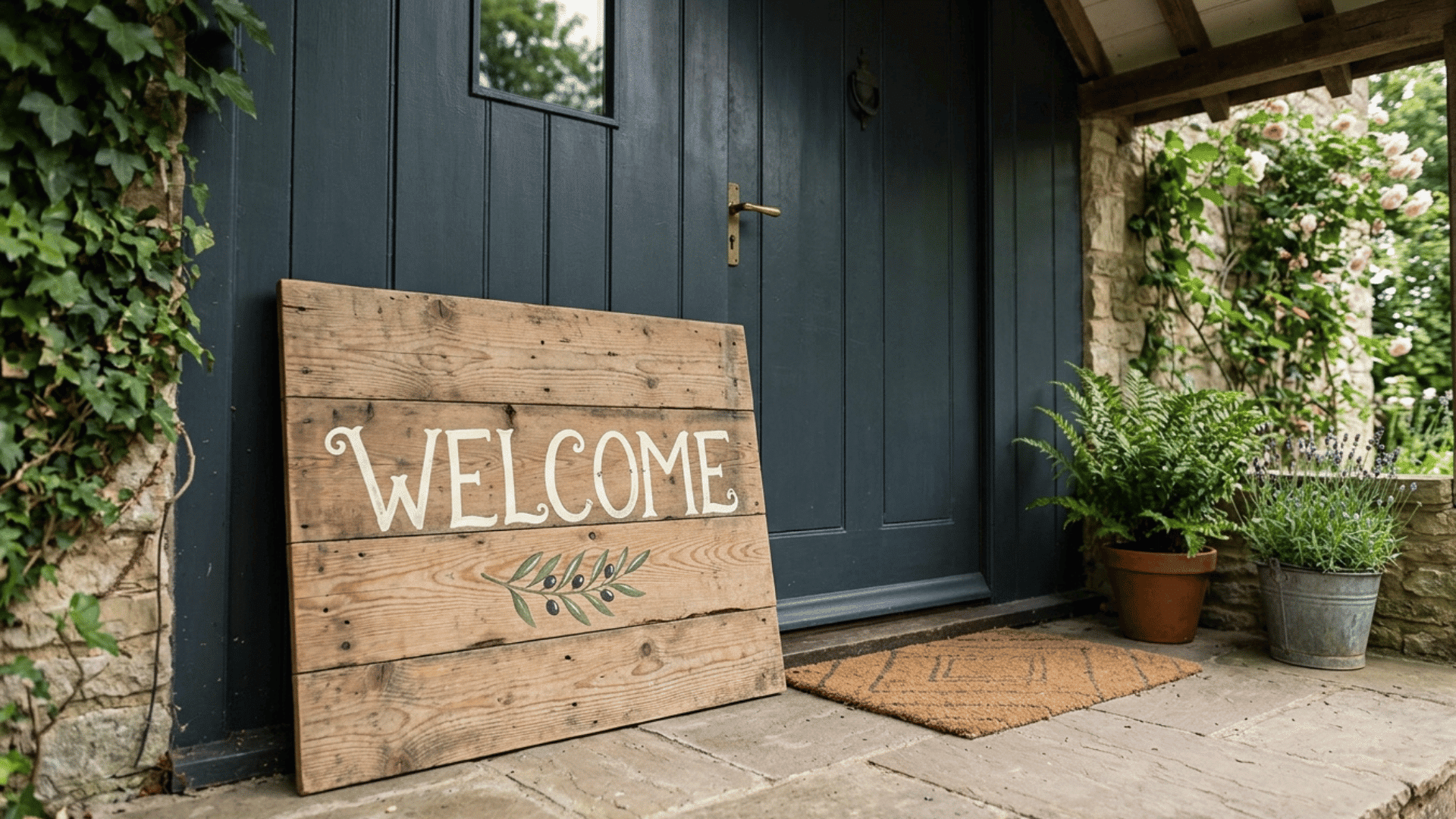 wooden welcome sign leaning near dark front door with plants and doormat.