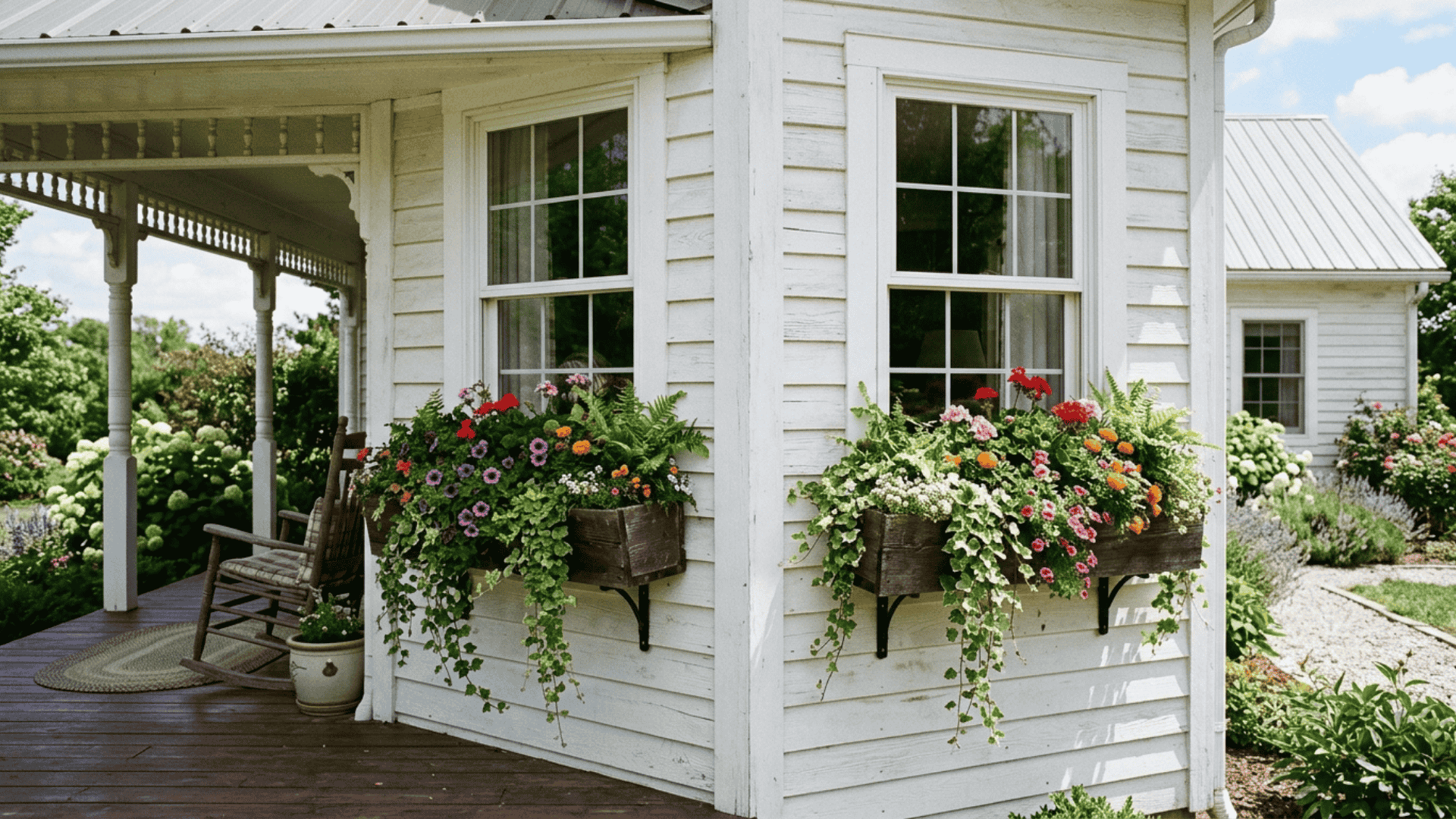 wooden window boxes with trailing vines and seasonal blooms mounted below farmhouse porch windows