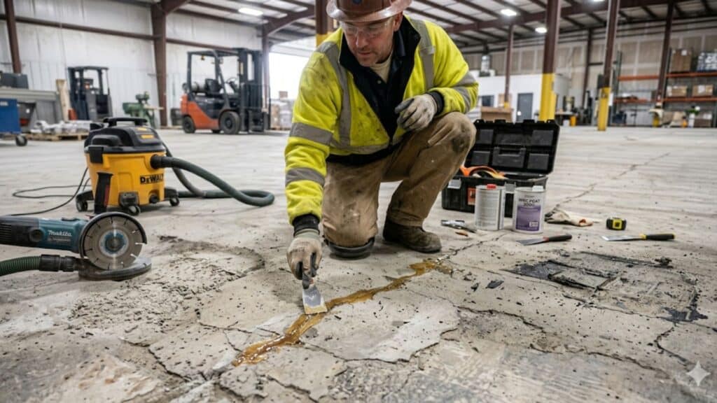worker applying epoxy filler to cracked concrete floor in warehouse setting