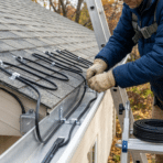 worker installing heat tape along roof edge and gutter to prevent ice buildup.
