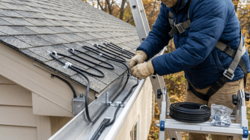 worker installing heat tape along roof edge and gutter to prevent ice buildup.