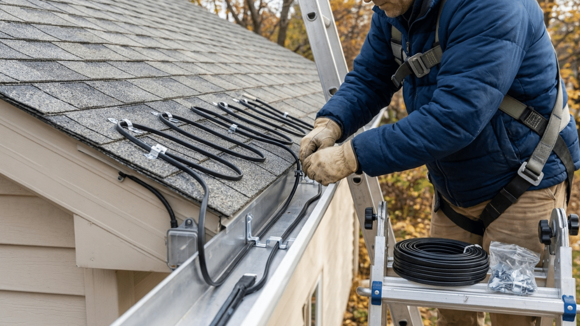 worker installing heat tape along roof edge and gutter to prevent ice buildup.