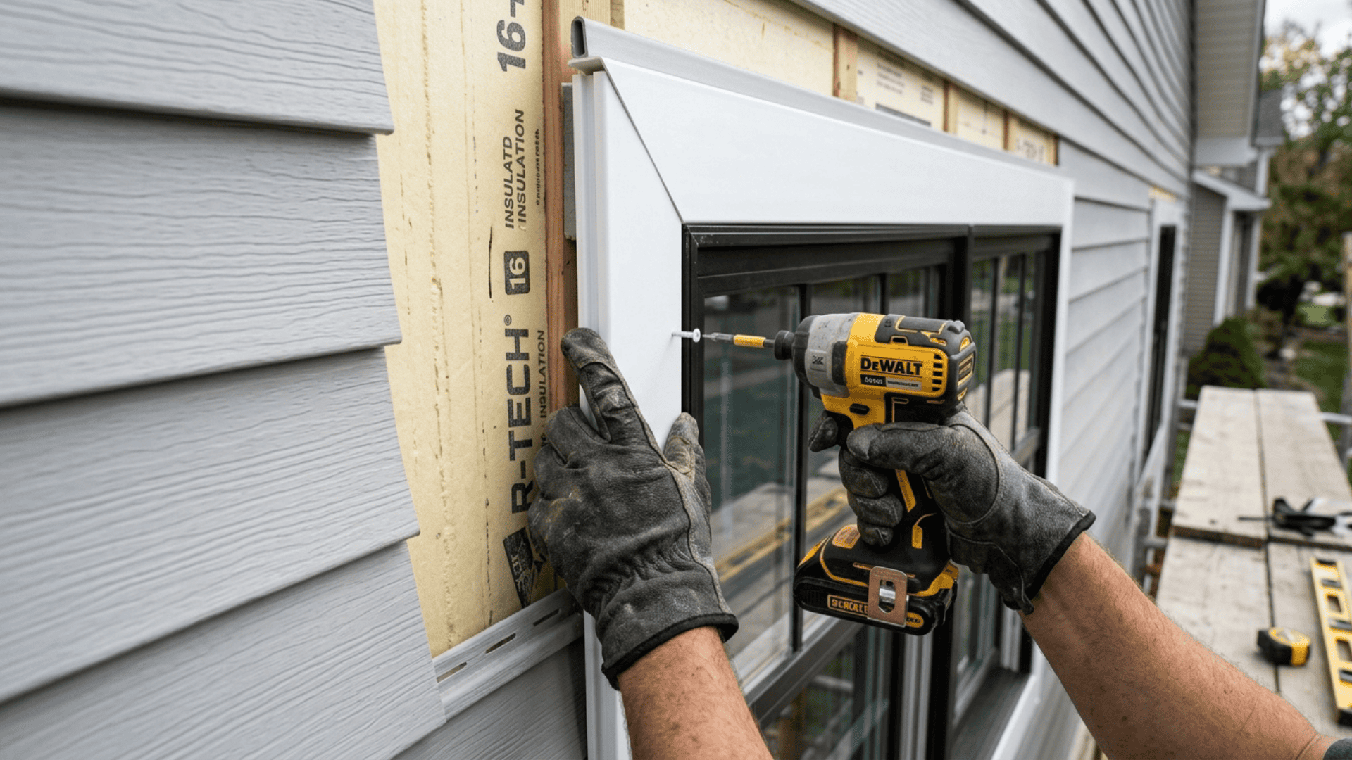 worker installing white trim around a window with r-tech insulation board visible alongside gray vinyl siding panels on home exterior